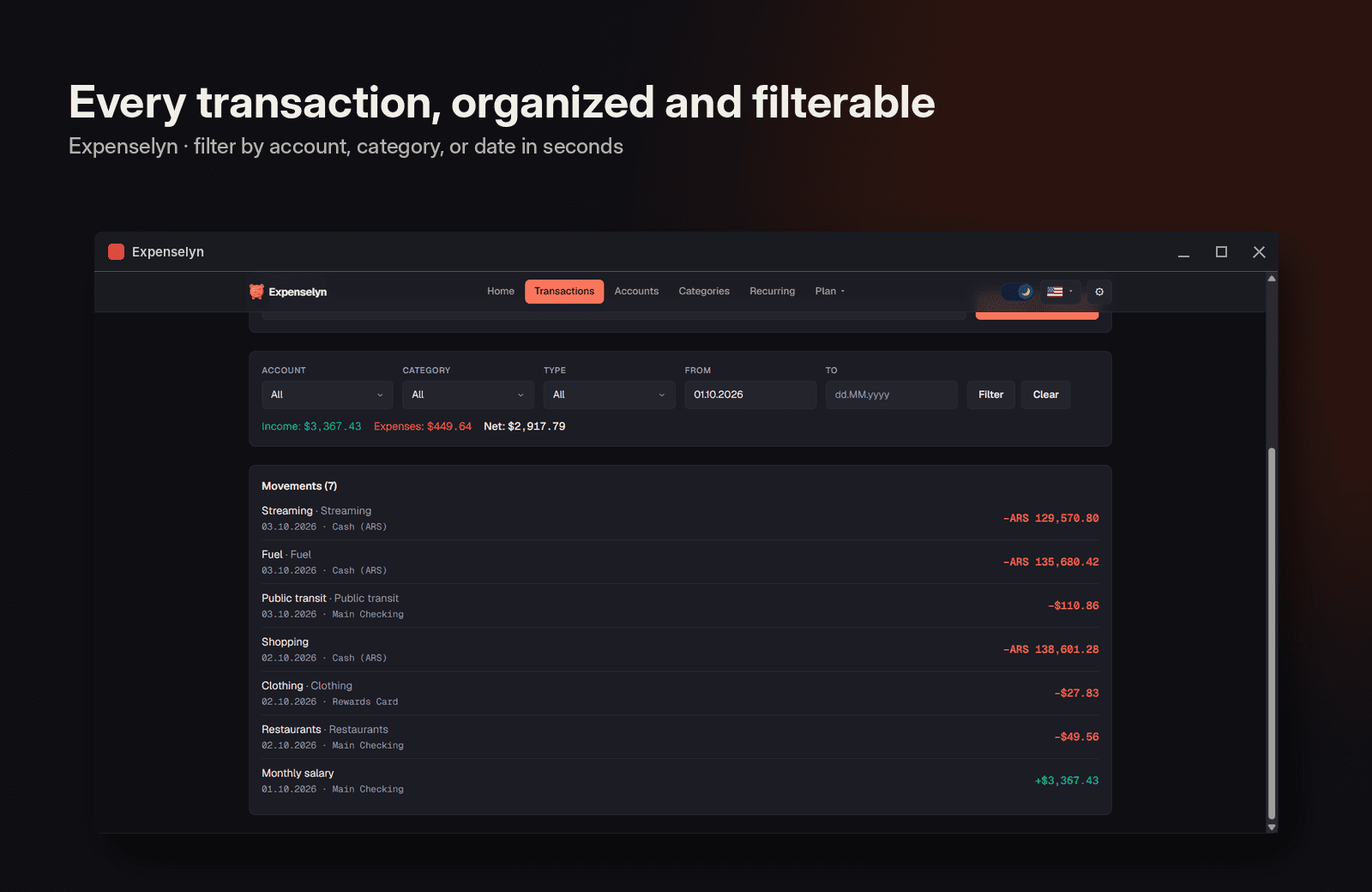 Transactions: filterable by account, category, or date